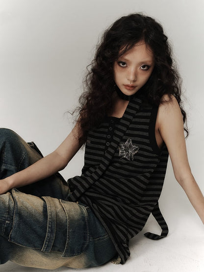 Punk Pins Star Black and Gray Striped Loose Tank Top with Scarf