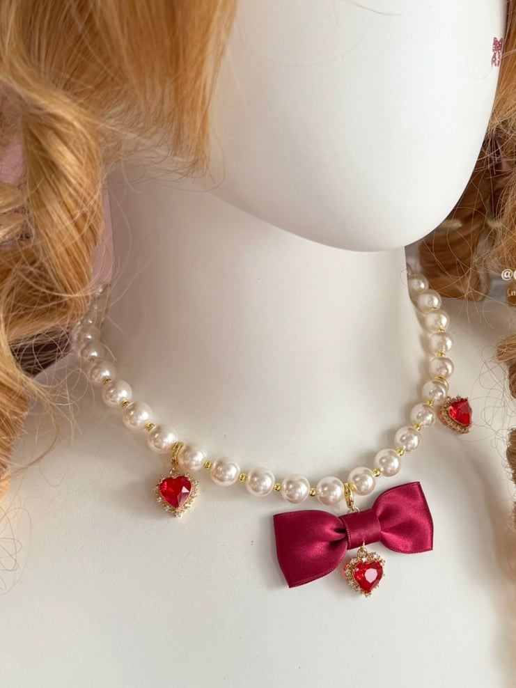 Pink/Wine Red Heart And Bowknot Pendant Beaded Neckalce