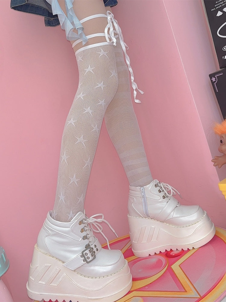 Black/White Y2K Asymmetrical Design Star And Striped Pattern Over-knee Stockings