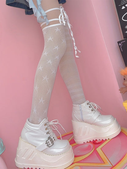 Black/White Y2K Asymmetrical Design Star And Striped Pattern Over-knee Stockings