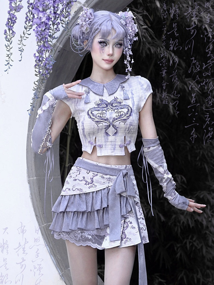 Summer Purple Dragon Print Tie Dye Knitted Cropped Top