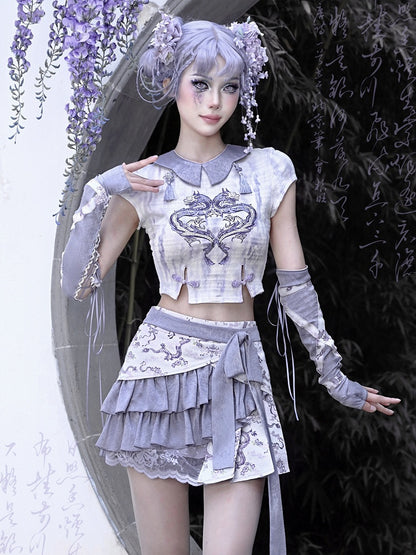 Summer Purple Dragon Print Tie Dye Knitted Cropped Top