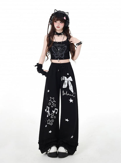 Black/Light Gray Bow and Star Print Vintage Wide-Leg Pants