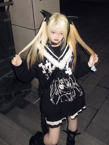Black Jira Kei Sweater with Detachable Sailor Collar and Cartoon Girl Design