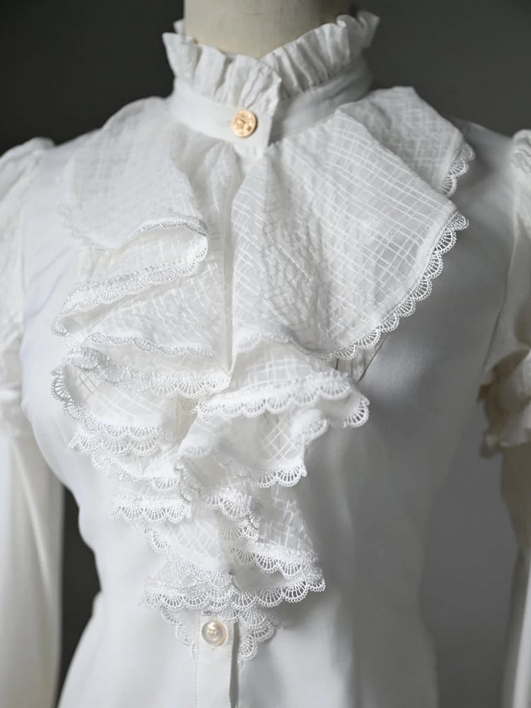 White Jabot Ruffled High Neck High-low Hem Long Sleeves Shirt