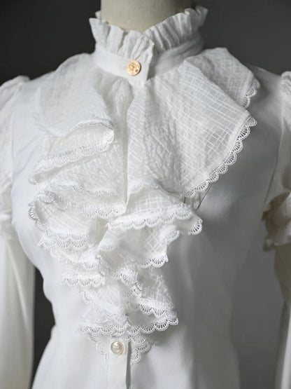 White Jabot Ruffled High Neck High-low Hem Long Sleeves Shirt