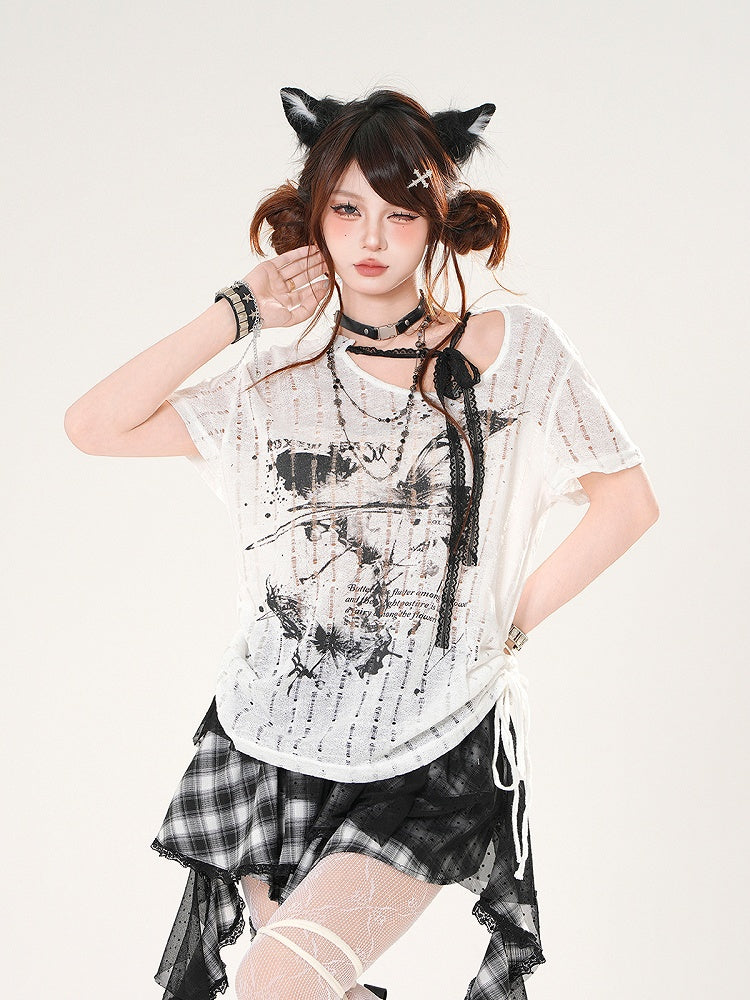 Self-tie Straps Neckline Butterfly Print Black/White Distressed Holes T-shirt