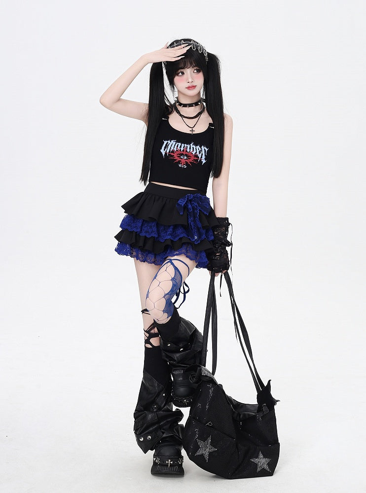 Y2K Contrast Blue Lace Trim Black Elastic Waist Tiered Skirt