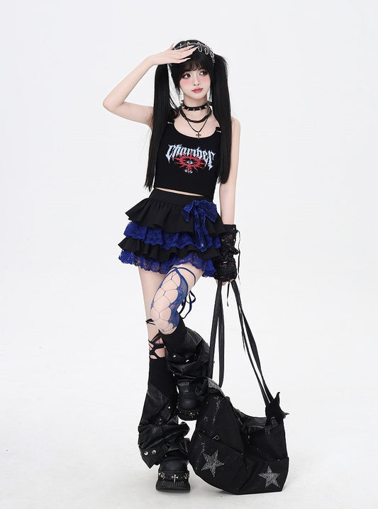 Y2K Contrast Blue Lace Trim Black Elastic Waist Tiered Skirt