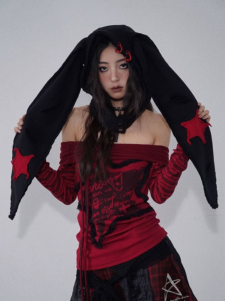 Distressed Holes Punk Bunny Ears Hat Black/Red