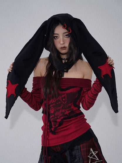 Distressed Holes Punk Bunny Ears Hat Black/Red