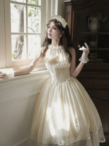 Elegant Beige Boned Basque Waist Illusion Halter Neck Dress + Detachable Flower Bow + Hairband