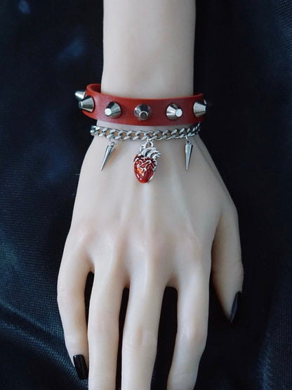 Red Gothic Heart Charm Studs Decorated Bracelet Set