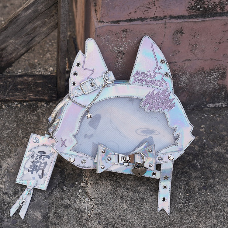 Kitty Ear Design Bowknot Studs Detail Holographic Color PU Tote Ita Bag with Free Card Holder