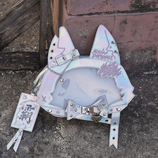 Kitty Ear Design Bowknot Studs Detail Holographic Color PU Tote Ita Bag with Free Card Holder