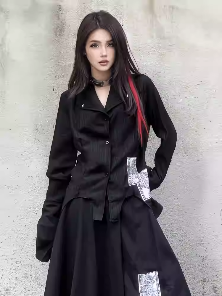 Black Notched Collar Bell Sleeves Punk Appliques Asymmetrical Shirt