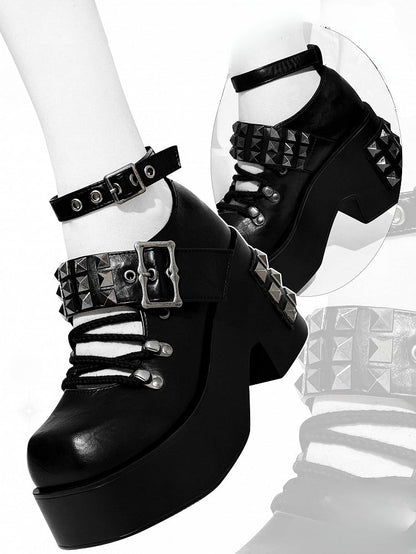 Black Punk Studs Details Crisscross Design Platform High Block Heels