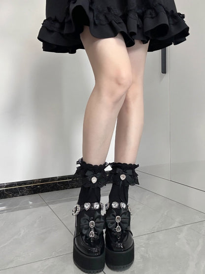 Jirai Kei Black Bowknot and Heart Rhinestone Decoration Lace Cuffs Black Cotton Ankle Socks