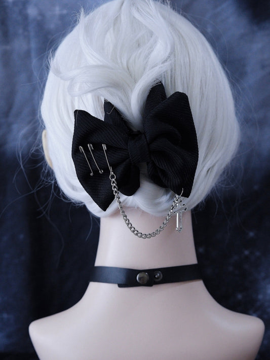 Gothic Cross Chain Decorated Black Bow Claw Clip