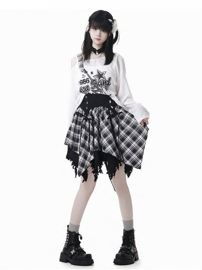 Frayed Handkerchief Hem Blue & White /Black & White Plaid Skirt
