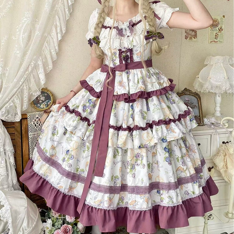 Blueberry and Ice Cream Print Tiered Skirt Purple Ruffle Trimming Lolita Dress