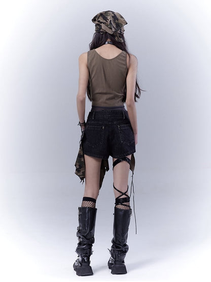 Army Green Lace-up Shoulder Asymmetrical Hem Wasteland Punk Tank Top