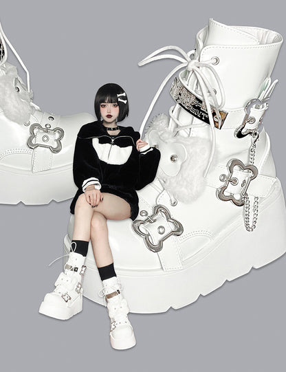 Buckle Straps Plush Bone Decorated Polished White Punk Platform Boots