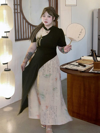 Plus Size Black and White Qipao Dress Side Slit