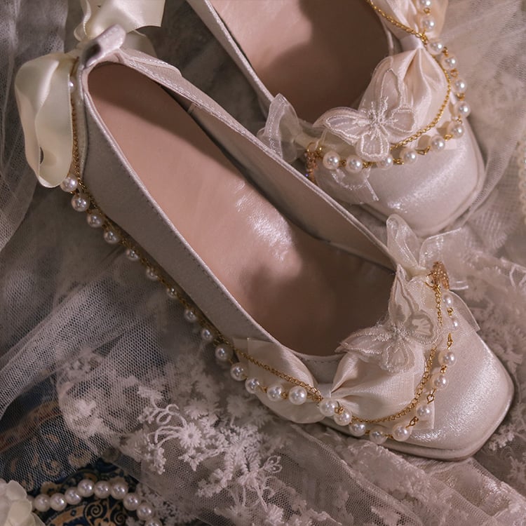 Beige Bowknot and Butterfly Applique Square Toe Hime Lolita Block Heels