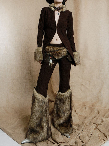 Buckle Strap Dark Coffee Wasteland Punk Top with Plush Collar and Cuffs