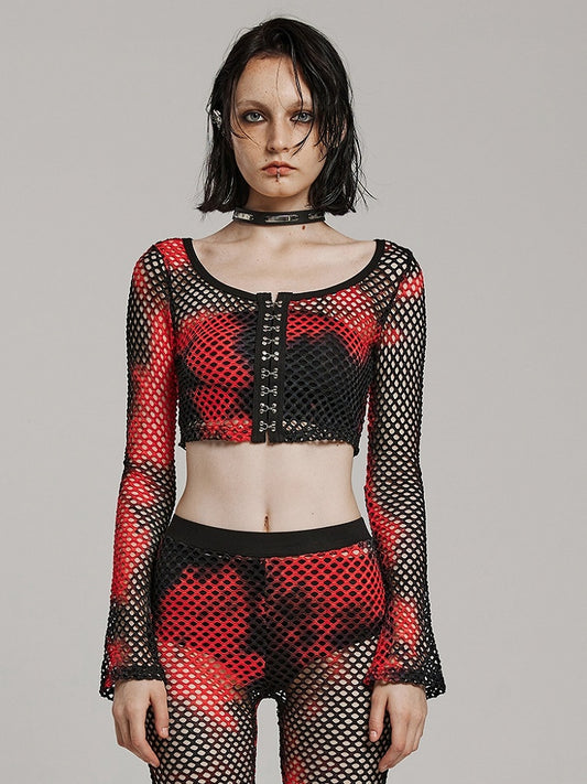 Black and Red Punk Tie-dyed Mesh Long Sleeve T-shirt