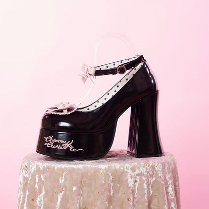 Bow Accents Heart Design Black and Pink Platform Block High Heels
