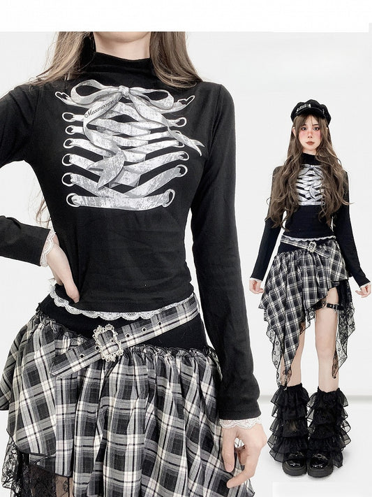 Black Y2K Bittersweet Print Design Lace Trim Mock Neck Top