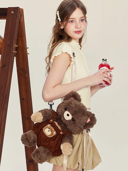 Chocolate Brown Cute Plush Bear Backpack + Overall Pants Middle/Large Size