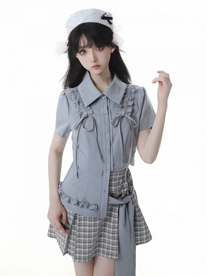 Dusty Blue Ruffle Trim Drawstring Details Preppy Style Slim-fitting Shirt