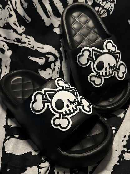 Black and White Gothic Skeleton Applique Summer Slippers