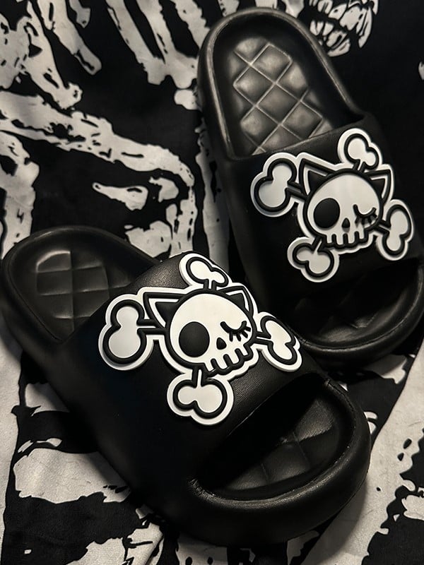 Black and White Gothic Skeleton Applique Summer Slippers