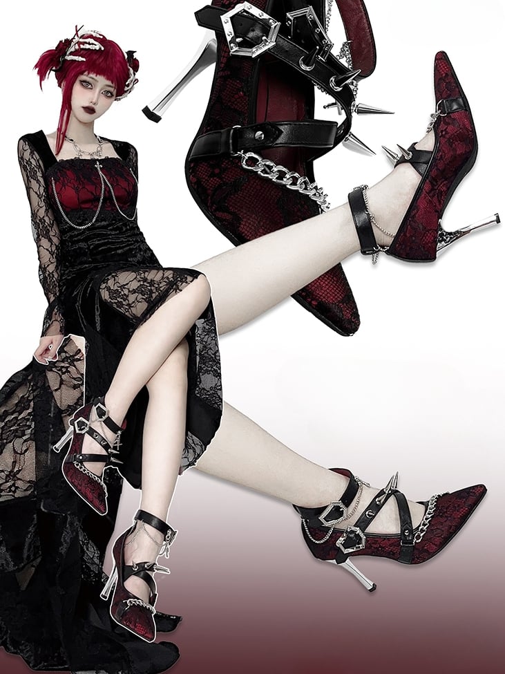 Spike Studs Coffin-shaped Buckles Red Lace Gothic Punk Stiletto Heels with Chains
