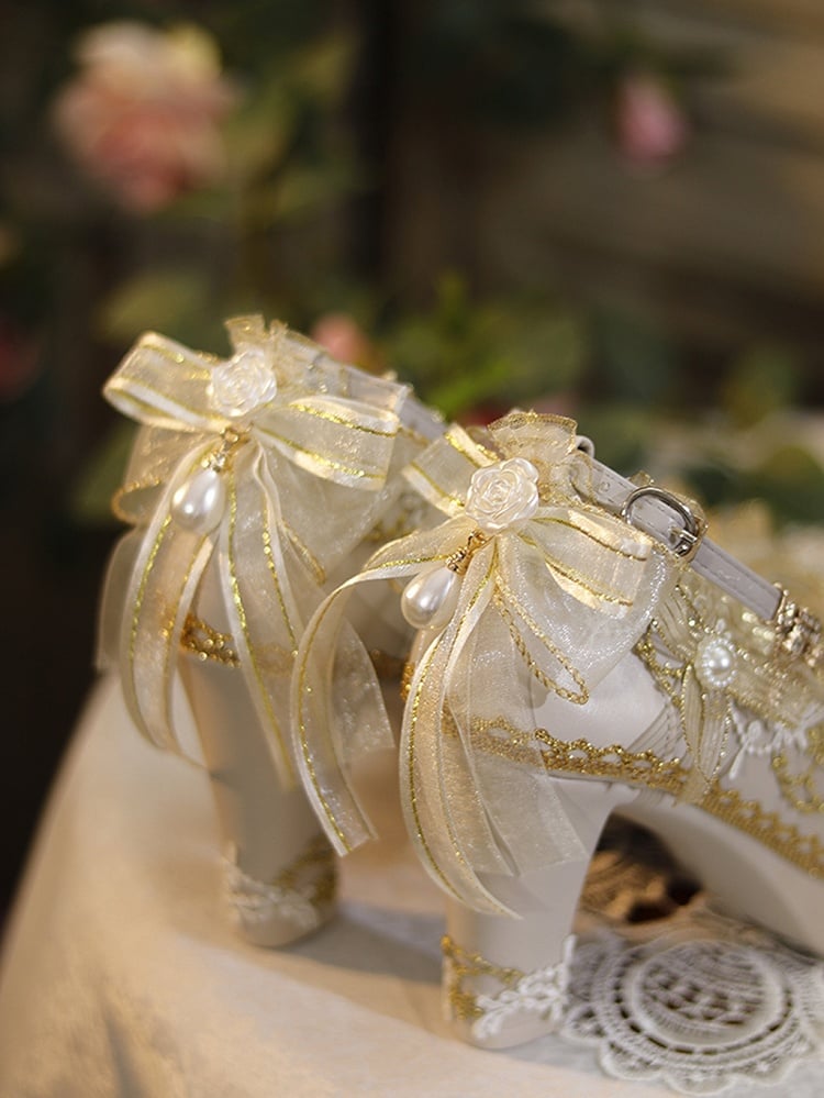 White & Gold Floral Design Crystal Embellished Hime Lolita High Block Heels