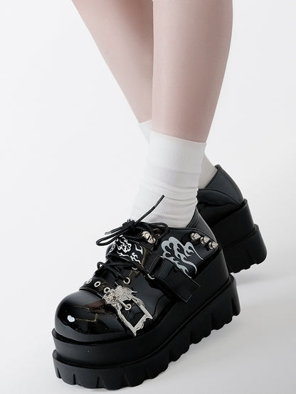 Polished Black Y2K Bittersweet Studs Details Print Design Platform Shoes