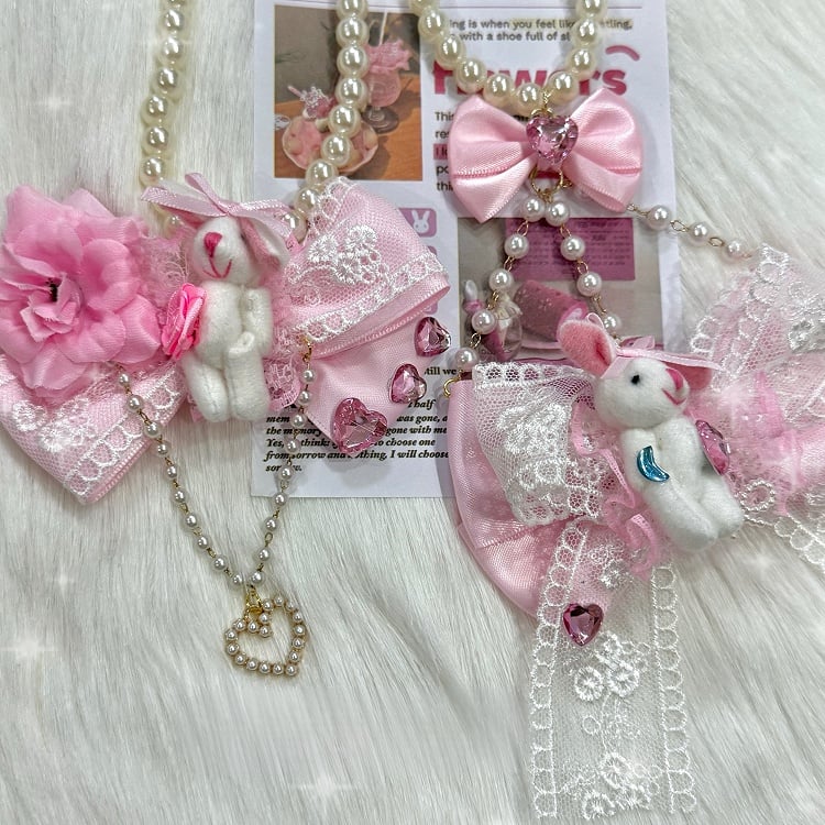 2 Options Rhinestone Heart And Plush Bunny Decorated Bowknot Pendant Beaded Necklace