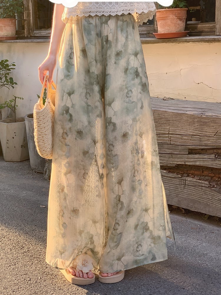 Mori Kei Green Tie Dye Wide-Leg Pants with Detachable Knitted Accessory Regular/Short Version