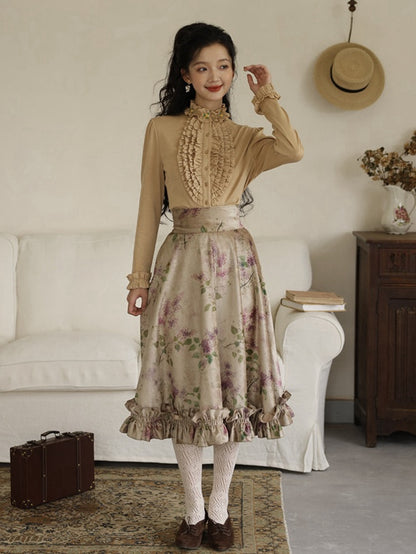 Vintage Purple Floral Print Ruffle Trim High Waist Skirt