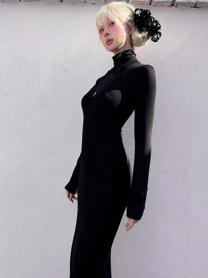 Gothic Black Coffin Cutout Cross Details High Neck Mermaid Skirt Maxi Dress
