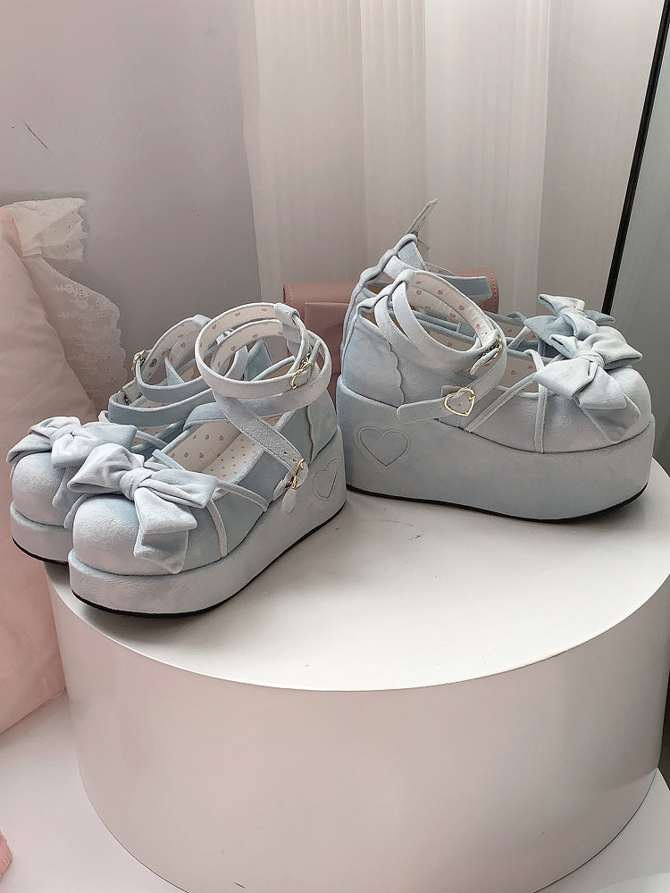 Platform Blue Sweet Mary Janes for Lolita with Bow Decor, Crossed Straps & Romantic Clasp