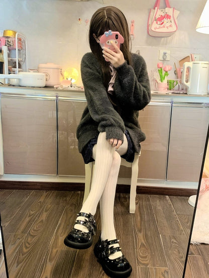 Skeleton Bunny Buckles Polished Black Punk Mary Janes