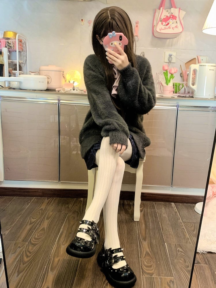 Skeleton Bunny Buckles Polished Black Punk Mary Janes