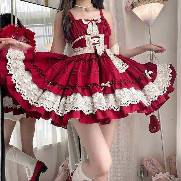 Red Pleated and Ruffle Trim Skirt Summer Lolita Jumper Skirt