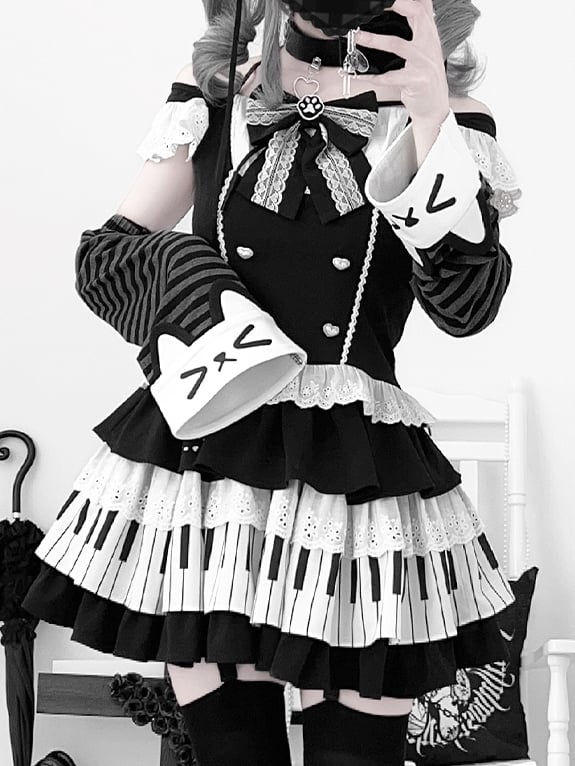Black and White Flutter Sleeves Halter Top+ Piano Key Design Tiered Skirt + Striped Armwear Set