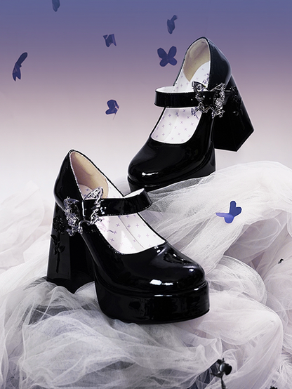 Polished Black Butterfly Buckle 11cm Floral High Block Heel Platform Mary Janes